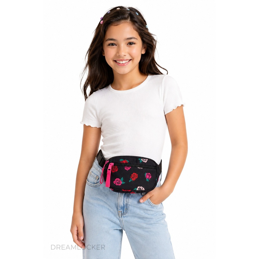 Cat & Jack Kids Floral Fanny Pack Black Rose Print Belt Bag Adjustable NEW